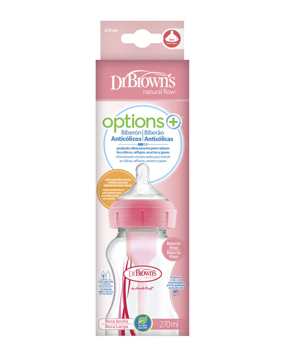 Shishe 270ml, Anti colic, Options +, model gryke gjere, 0m+, rozë