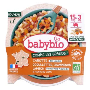 Pjatë BIO me Macarona, Karrota, Kërpudha dhe Proshutë – Babybio – 15m+