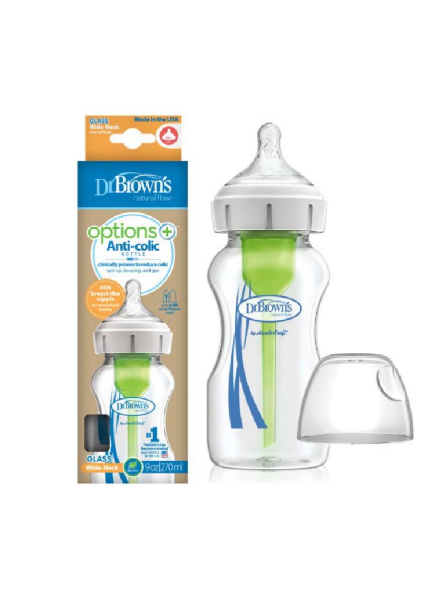 Dr Brown’s- Options + Anticolic glass bottle wide neck 0m+ ( Biberon Qelq )
