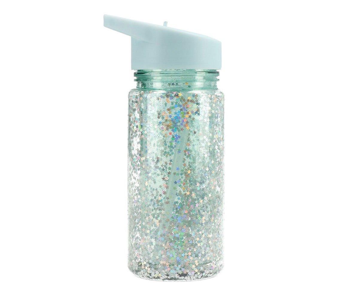 Tutete Plastic Bottle with Straw Glitter Stars Turquoise 340ml