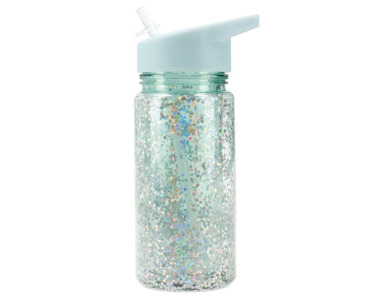 Tutete Plastic Bottle with Straw Glitter Stars Turquoise 340ml