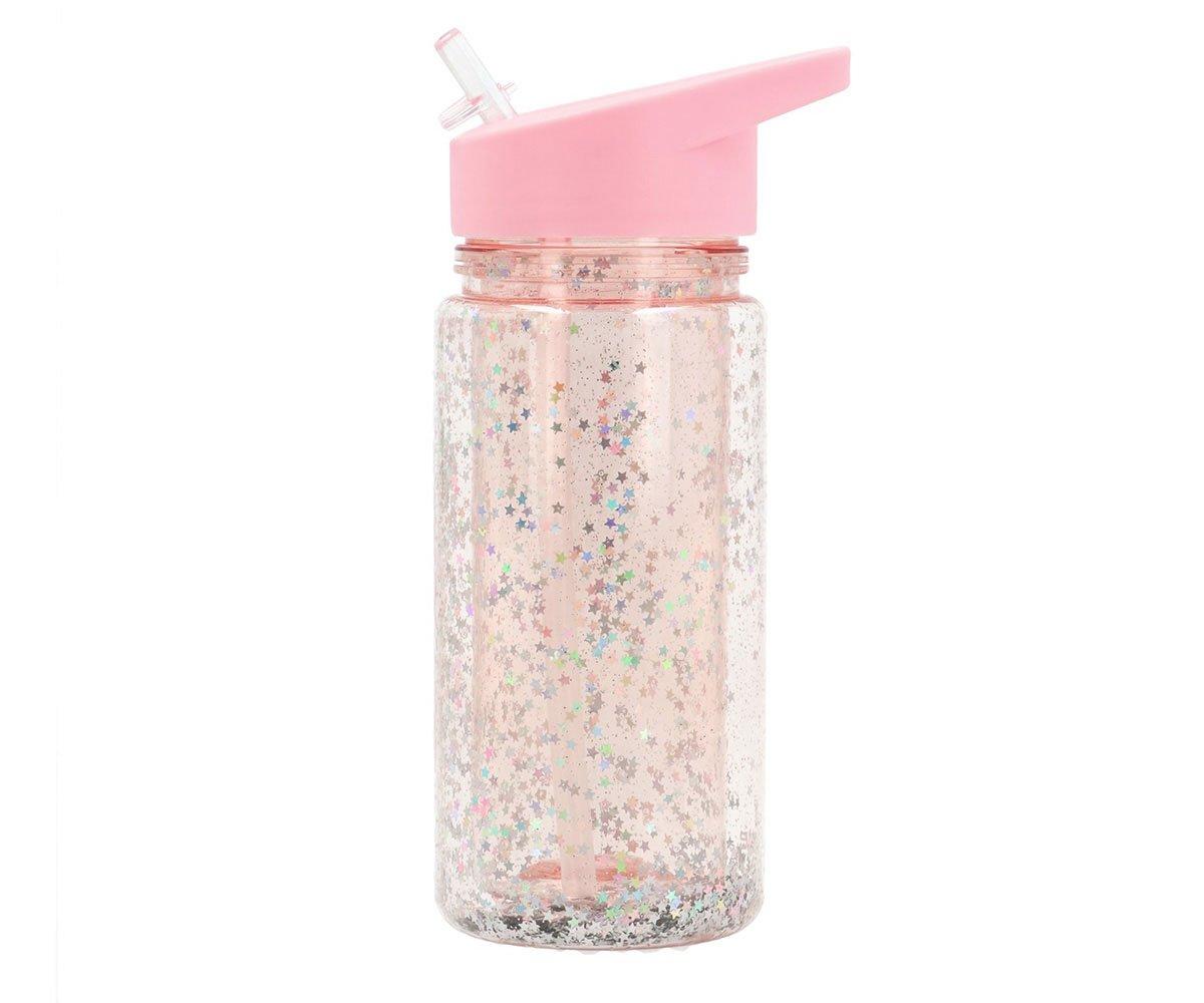 Tutete Plastic Bottle with Straw Glitter Stars Pink 340ml