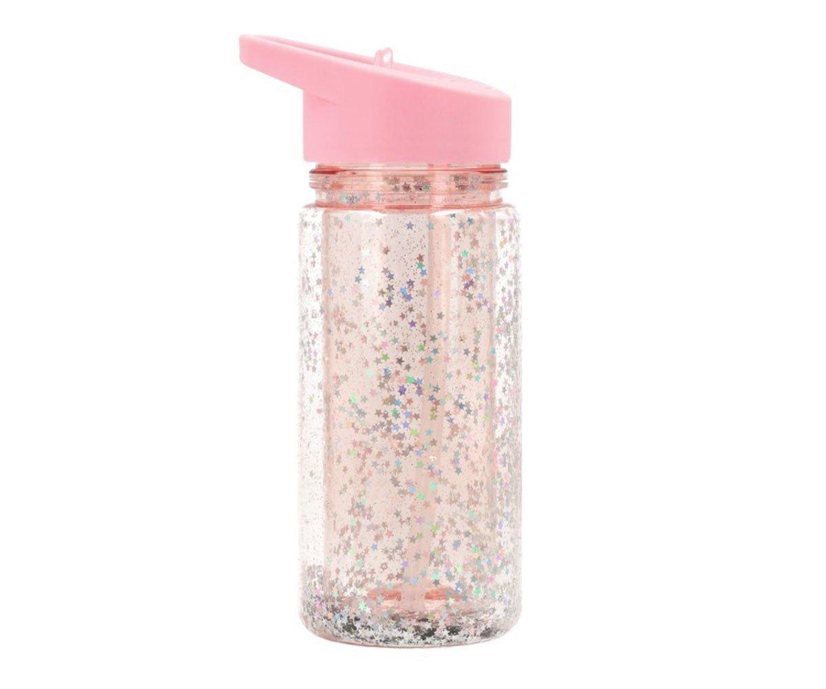 Tutete Plastic Bottle with Straw Glitter Stars Pink 340ml