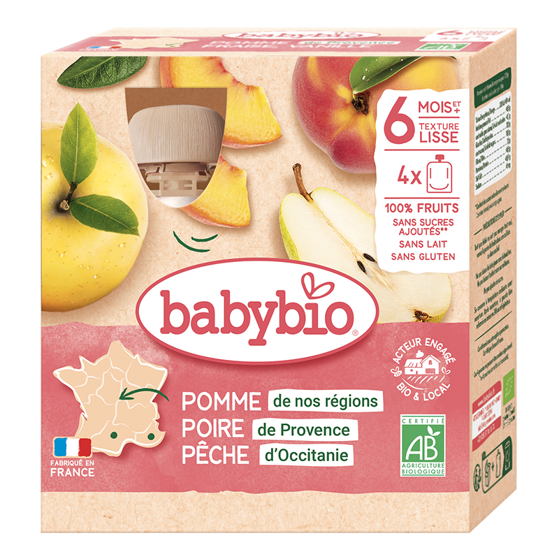 Babybio Apple, Pear & Peach Pouch +6months 4x90gr