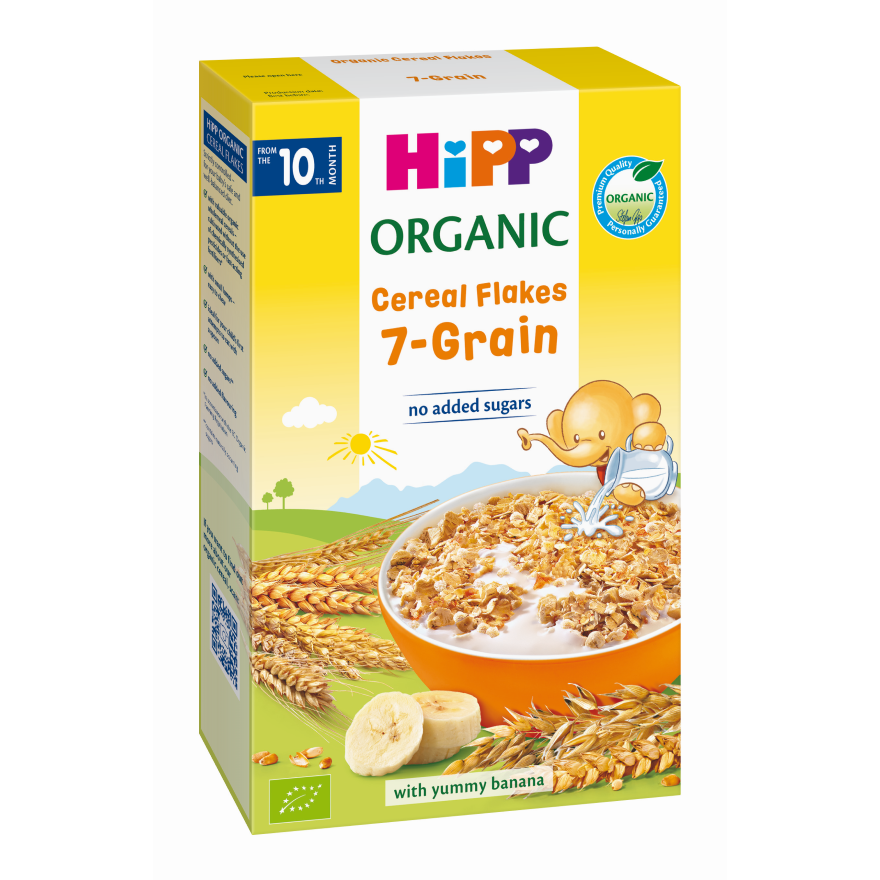 HiPP ORGANIC 7-Grain Cereal Flakes me banane (pa sheqer të shtuar) – nga 10+ muajsh