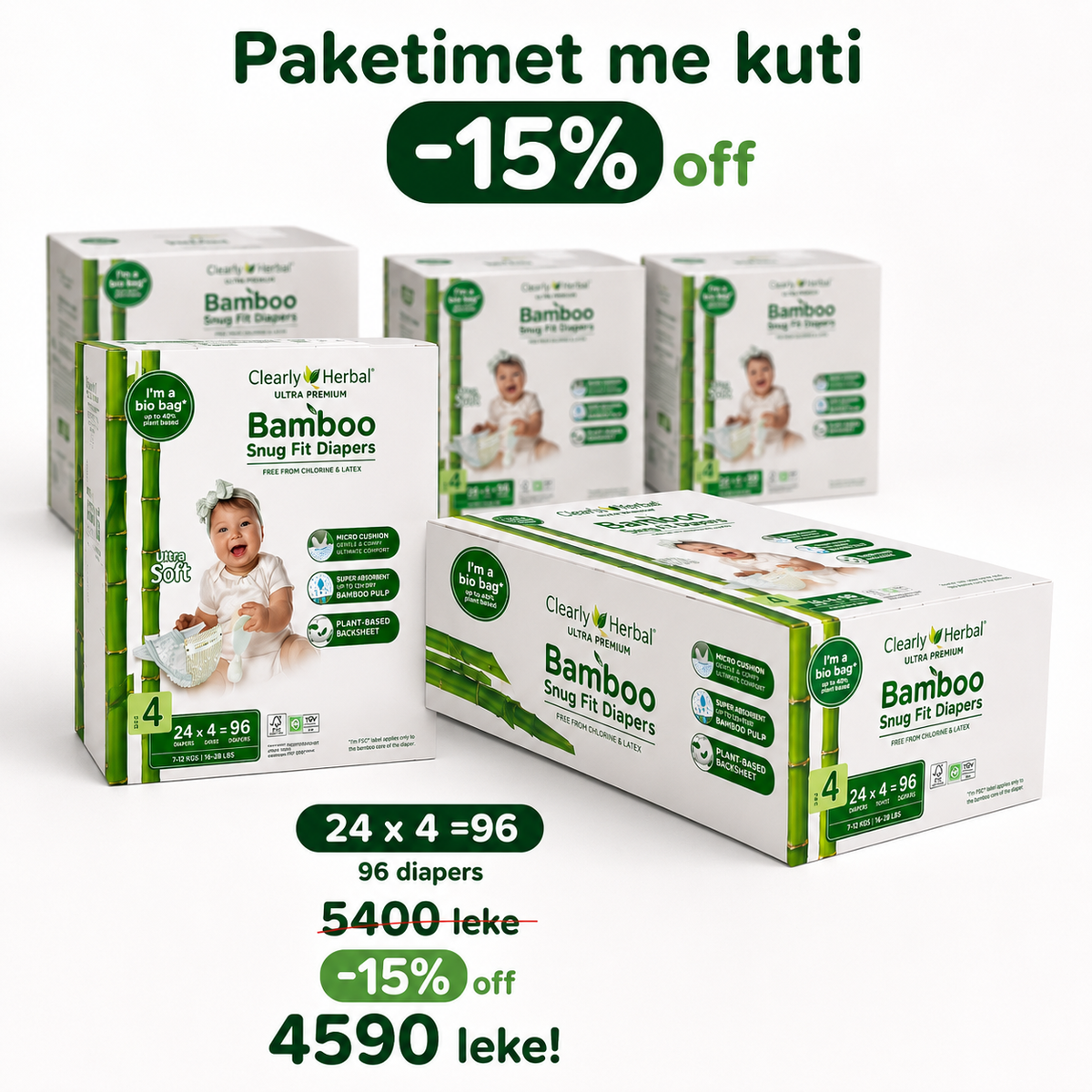 Bamboo Herbal - Pelena organike prej bambuje nr.4 (paketim x4)