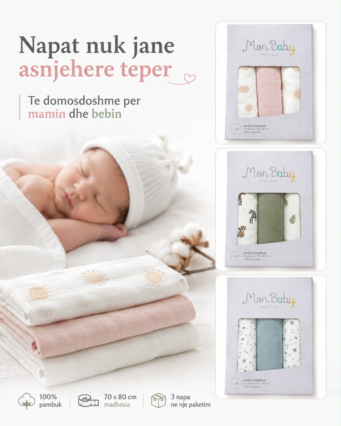 Bimbidreams Napa për Bebe – 100% Pambuk (Set me 3 Copë)